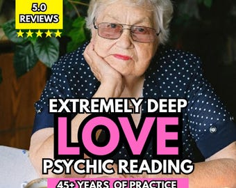 May include: An older person with short white hair and glasses wears a navy blue shirt with white polka dots. Text reads: 5.0 REVIEWS, EXTREMELY DEEP LOVE PSYCHIC READING, 45+ YEARS OF PRACTICE. A cup of coffee and tarot cards are visible.