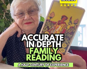 May include: A tarot card featuring the Nine of Pentacles illustration held in front of a person wearing a navy blue polka dot shirt. Text overlays include 5.0 REVIEWS, ACCURATE IN DEPTH FAMILY READING, and A HALF-CENTURY OF EXPERIENCE.