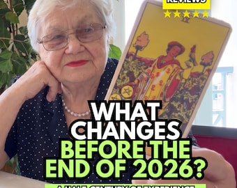 May include: A tarot card featuring a figure holding a coin, with text overlay reading WHAT CHANGES BEFORE THE END OF 2026? A HALF-CENTURY OF EXPERIENCE and a yellow box with 5.0 REVIEWS and five stars. The card displays a person in yellow robes.