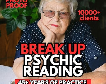 May include: An elderly person with short white hair and glasses rests their chin on their hand. Text overlays read: PHOTO PROOF, 10000+ clients, BREAK UP PSYCHIC READING, and 45+ YEARS OF PRACTICE. A cup of coffee and tarot cards are visible.