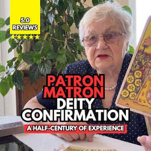 May include: An elderly person with white hair and glasses wearing a navy blue polka dot shirt. The image features text reading 5.0 REVIEWS, PATRON MATRON DEITY CONFIRMATION, and A HALF-CENTURY OF EXPERIENCE. A tarot card is held in the foreground.