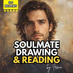 May include: Digital portrait of a man with brown hair and blue eyes. The text "SOULMATE DRAWING & READING" is displayed in a bold font. The image also includes the text "5.0 REVIEWS" with five gold stars.