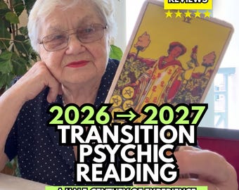 May include: A tarot card featuring a figure in a yellow robe with coins, held by an individual. Text overlays include 5.0 REVIEWS, 2026 to 2027 TRANSITION PSYCHIC READING, and A HALF-CENTURY OF EXPERIENCE in black and white lettering on a green background.