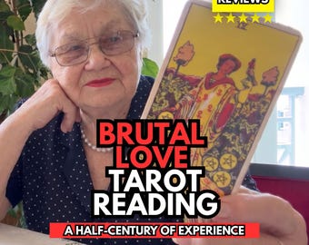 May include: A tarot card featuring the Nine of Pentacles illustration held in front of a person. The image includes text overlays stating 5.0 REVIEWS, BRUTAL LOVE TAROT READING, and A HALF-CENTURY OF EXPERIENCE in bold black and red lettering.