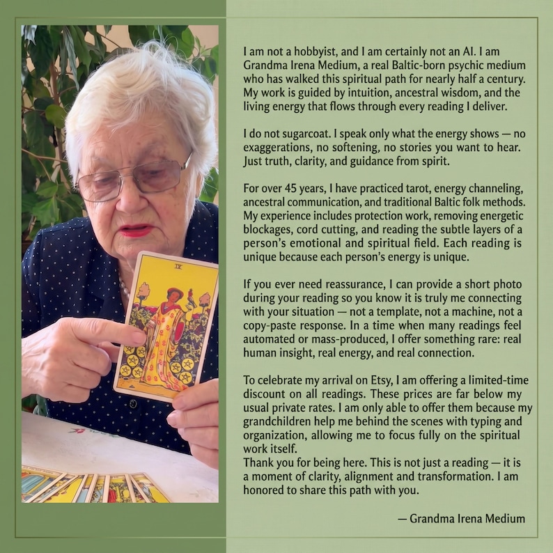 Puede incluir: Una persona mayor con cabello blanco y gafas sostiene una carta del tarot del Nueve de Oros. La carta muestra una figura con una t&uacute;nica amarilla en un jard&iacute;n. Junto a la imagen hay un bloque de texto que presenta a Grandma Irena Medium.