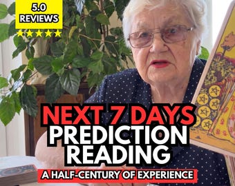 May include: An elderly person wearing glasses and a black polka dot shirt holds a tarot card. Text on the image reads 5.0 REVIEWS, NEXT 7 DAYS PREDICTION READING, and A HALF-CENTURY OF EXPERIENCE. A stack of tarot cards sits on a white tablecloth.
