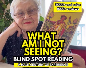 May include: A tarot card featuring a figure in a yellow robe holding a bird, with text overlays reading 5000+ real sales 1000+ reviews, WHAT AM I NOT SEEING? BLIND SPOT READING, and A HALF-CENTURY OF EXPERIENCE in yellow and white.