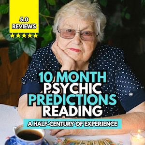 May include: An older person with short white hair and glasses wearing a navy blue polka dot shirt. Text reads 5.0 REVIEWS, 10 MONTH PSYCHIC PREDICTIONS READING, and A HALF-CENTURY OF EXPERIENCE. A cup of coffee and tarot cards are on the table.