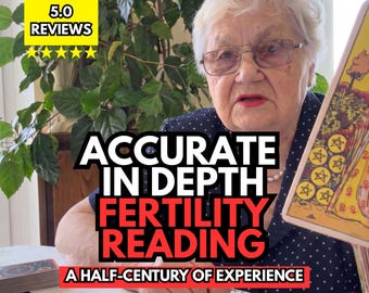May include: An elderly person wearing glasses and a dark polka dot shirt holds a tarot card featuring a ten of pentacles design. Text on the image reads 5.0 REVIEWS, ACCURATE IN DEPTH FERTILITY READING, and A HALF-CENTURY OF EXPERIENCE.