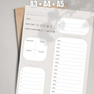 Könnte beinhalten: Ein druckbarer PDF-Tagesplaner mit Abschnitten für Datum, Stimmung, Wetter, Mahlzeiten, Aufgabenliste und Zeitplan. Der Planer enthält die Größen A3, A4 und A5. Das Design ist in Grau- und Weißtönen gehalten.
