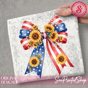 May include: A decorative bow design with red and white stripes and blue sections with white stars, decorated with sunflowers. The bow is set against a textured white backdrop. The text "Original Designer" and "SouPrinted Shop" are visible.