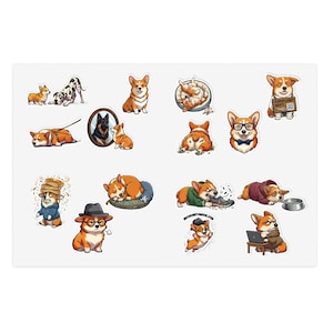 May include: A sheet of stickers featuring cartoon corgi dog illustrations. The corgis are shown in various poses and outfits, including hats, bow ties, and sweaters. Some stickers include other dogs and accessories.