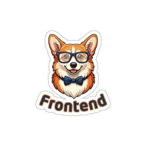 Könnte beinhalten: Ein Aufkleber mit einem Cartoon-Corgi, der eine blaue Brille und eine Fliege trägt. Der Corgi hat orange-weißes Fell und einen fröhlichen Gesichtsausdruck. Das Wort "Frontend" steht in Blau und Orange unter dem Corgi.