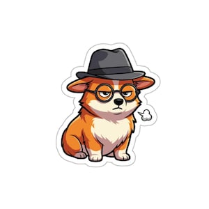 May include: A sticker featuring a cartoon corgi wearing a black fedora and round glasses. The corgi has orange and white fur and an angry expression, with a puff of smoke coming from its mouth.
