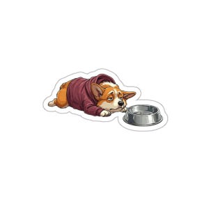 May include: A sticker featuring a cartoon corgi wearing a maroon hoodie, lying down with a sad expression. A silver dog bowl sits nearby. The corgi has brown and white fur.