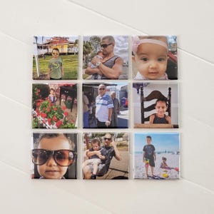 May include: Nine square photo magnets arranged in a grid. Each magnet features a different photograph of people, including children and adults. The photos are of various scenes, such as outdoor settings and portraits.