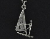 WINDSURFER Necklace - Pewter Charm on a FREE Plated Chain Water Sports Wind Sail Lake Ocean