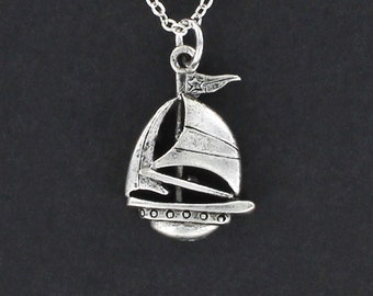 SAILBOAT Necklace - Pewter Charm on Cable Chain Choice of Length Sail Ocean Lake Sails Flag Sloop