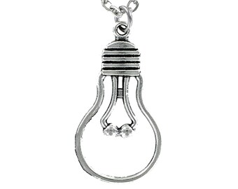 LIGHT BULB Outline Necklace - Large Pewter Charm on Cable Chain Choice of Length - Electric Electricity Lamp