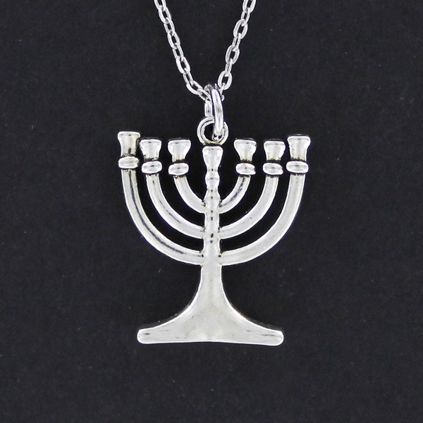 MENORAH Necklace - Pewter Charm on Cable Chain Choice of Length - Hanukkah Chanukah Jewish Festival of Lights Seven Candles