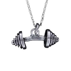 BARBELL NECKLACE - Pewter Charm on a Cable Chain Workout Gym Weight Lifting Weightlifting Weights Muscle Strength