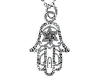 HAMSA NECKLACE with STAR of David - Pewter Charm on Cable Chain Choice of Length Jewish Judaica Israel Flag