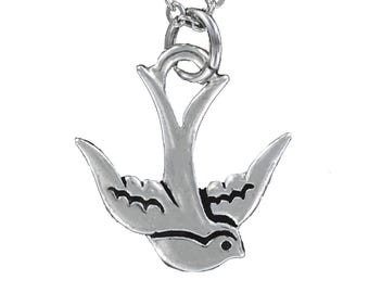 Pewter Swallow Bird Necklace - Stainless Steel Cable Chain