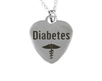 Diabetes Medical Alert Stainless Steel Heart Charm Necklace