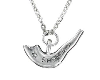 SHOFAR NECKLACE - Pewter Charm on Cable Chain Choice of Length - Blessing Torah Star of David Ram's Horn Jewish Hebrew