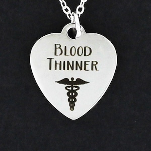 BLOOD Thinner Necklace - PewterCharm on Cable Chain Choice of Length - Emergency Medical Alert Warfarin Coumadin EMS