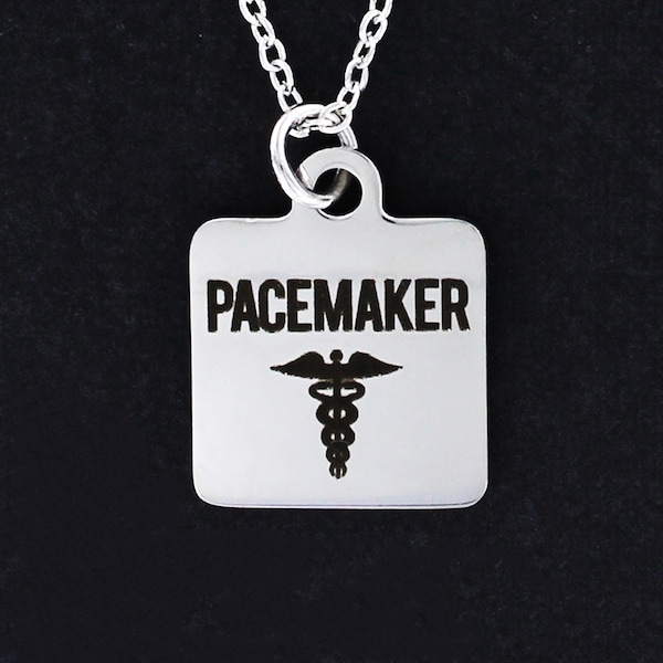 PACEMAKER Necklace - Square Stainless Steel Charm on Cable Chain Choice of Length - Emergency Medical Alert Heart EMS