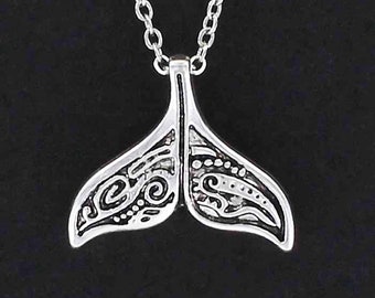 WHALE TAIL Necklace - Pewter Charm on Cable Chain Choice of Length - Ocean Antique Design Pattern