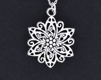 SWIRL FLOWER Pendant - Pewter Charm on a Charm on Cable Chain Choice of Length Garden Flower Ornate