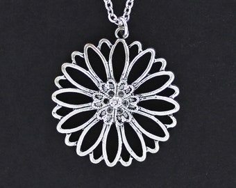 LARGE FLOWER Pendant - Pewter Charm on a Charm on Cable Chain Choice of Length Garden Flower Power Daisy Floral