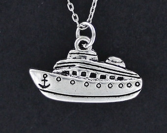 CRUISE SHIP Necklace - Pewter Charm on Cable Chain Choice of Length Vacation Tropical Trip Port
