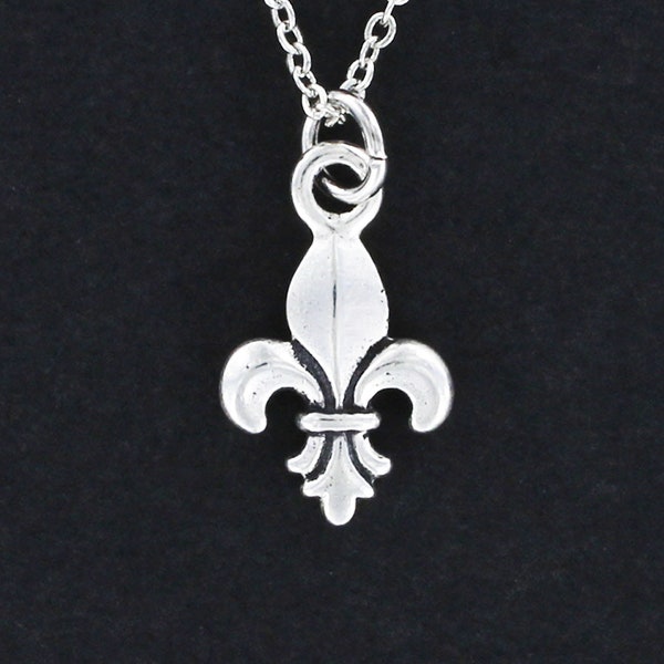 FLEUR de LIS Necklace - Pewter Charm on Cable Chain Choice of Length French New Orleans Saints Lily France