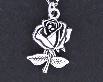 ROSE Necklace - Pewter Charm on Cable Chain Choice of Length Flower Love Single Stem