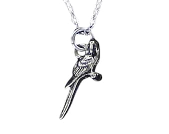 Pewter Parrot Necklace, Parakeet Charm Bird Lover Jewelry, 3D Bird Pendant, Pet Gift, Tropical