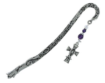 CROSS BEADED Metal Bookmark with Purple Crystal Dangle Pewter Ichthus Cross Charm Reading Gift Bible Christian Religious Faith