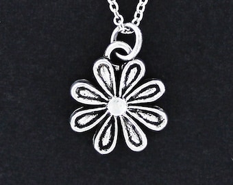 DAISY FLOWER Necklace - Pewter Charm on Cable Chain Choice of Length Garden Flower Power