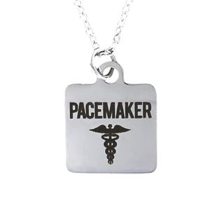 PACEMAKER NECKLACE - Square Stainless Steel Charm on Cable Chain Choice of Length - Emergency Medical Alert Heart EMS Caduceus Paramedic