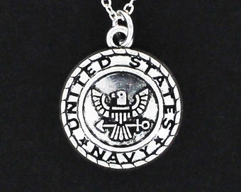 US NAVY Medallion Necklace - Pewter Charm on Cable Chain Choice of Length - United States Military