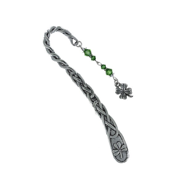 SHAMROCK BEADED Metal Bookmark with Green Swarovski Dangle Pewter Four Leaf Clover Charm Reading Gift Irish Celtic