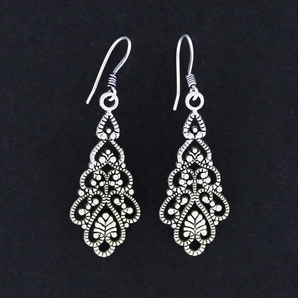 Filigree Teardrop Earrings - Pewter Open Swirl Design Elegant Long Chandelier