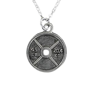 BARBELL WEIGHT Necklace - Pewter Charm on Cable Chain Choice of Length Gym Workout Lift Bench Press