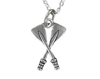 CROSSED OARS Necklace - Pewter Charm on Cable Chain Choice of Length - Rowing Team Sports Crew Sculling Paddles