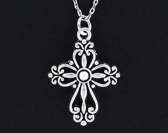 CROSS Necklace - Pewter Charm on Cable Chain Choice of Length - Fancy Ornate Swirl Floral