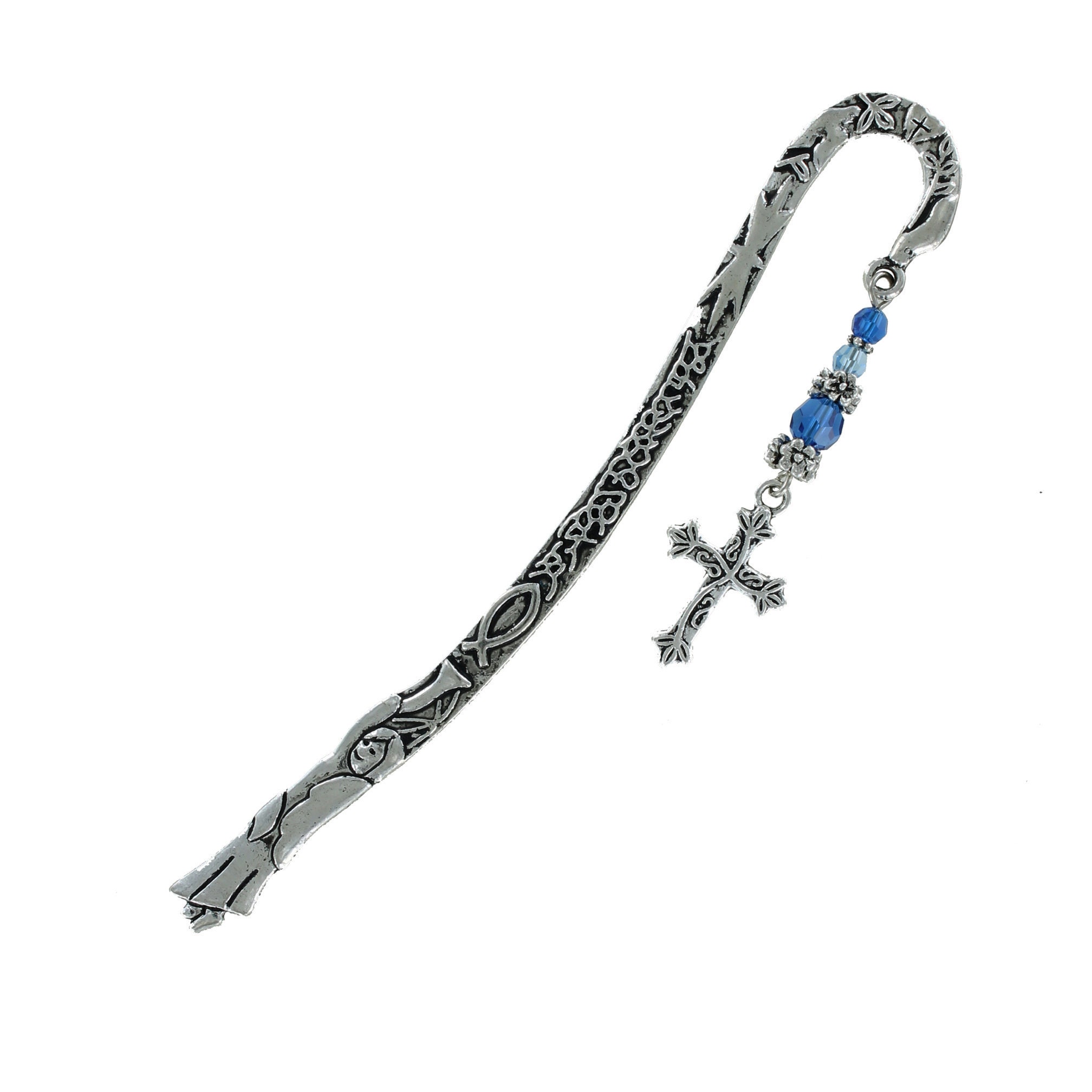 CROSS BEADED BOOKMARK - Metal with Blue Crystal Dangle Pewter Floral Cross Charm Reading Gift Bible Christian Religious Catholic