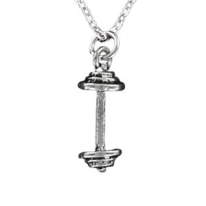 BARBELL NECKLACE - Pewter Charm on Cable Chain Choice of Length Gym Weight Lifting Workout Bar Bell Strength Muscle Biceps