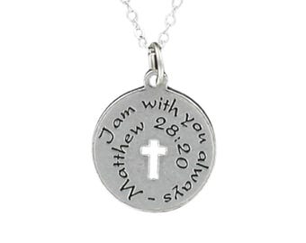Christian Necklace Pewter Cross Charm Matthew 28:20 Scripture Jewelry
